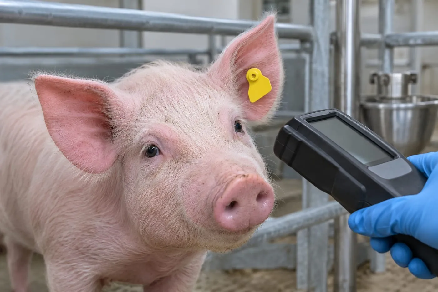 Pig with an electronic ear tag being read with a handheld reader