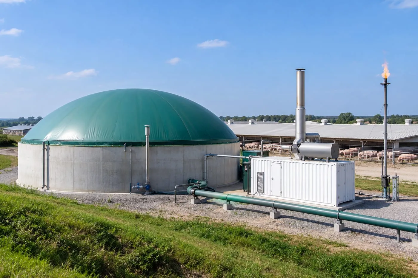 Biogas digester with gas dome, heat and power unit and flare next to a pig farm