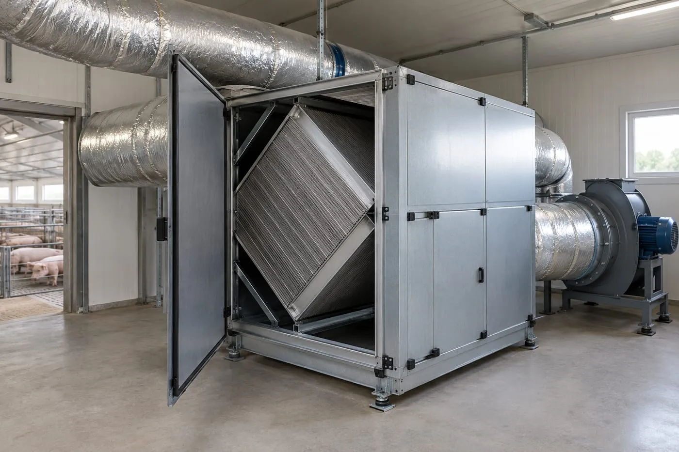Air-to-air heat recovery unit with ducts and exhaust fan