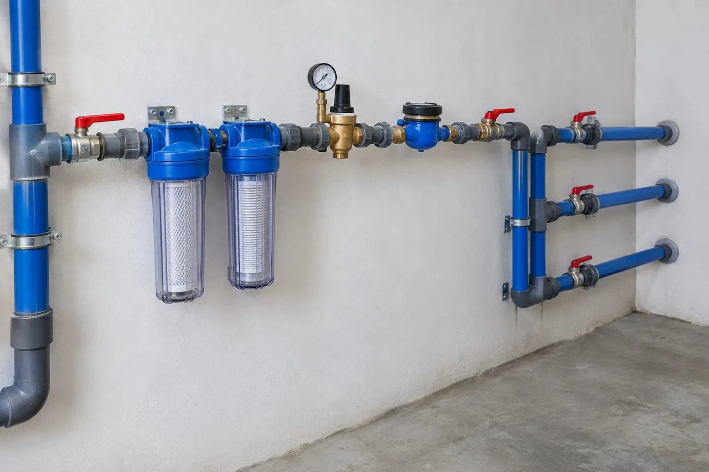 Drinking water line with filters, pressure regulator and water meter