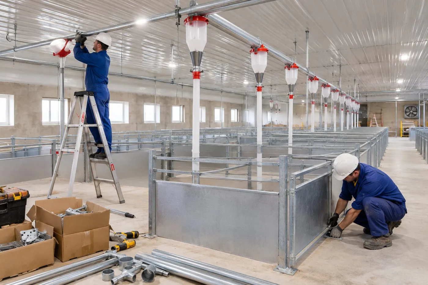 Technicians installing a feed line and pens in a new pig house