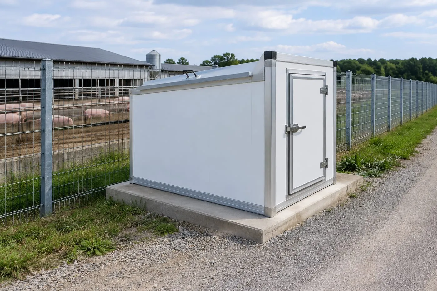 Closed cold storage box for dead pigs at the farm boundary fence