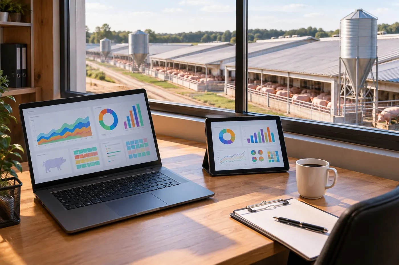 Laptop and tablet with farm charts in an office overlooking pig houses