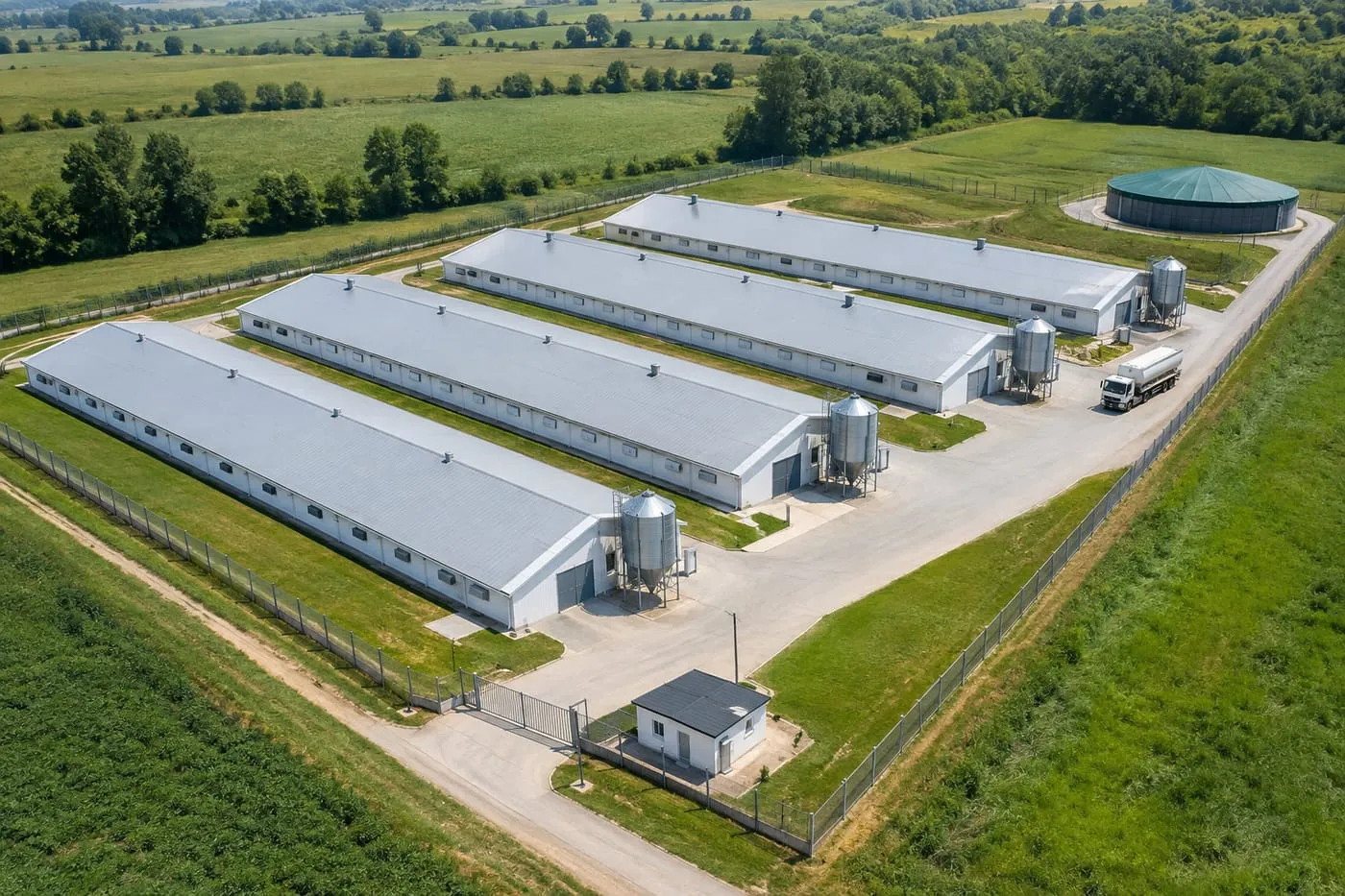 Aerial view of a planned pig farm with parallel houses, feed silos and a separate manure store