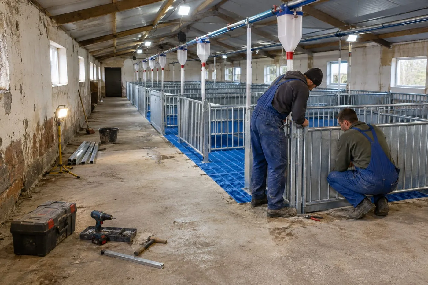 Old pig house being renovated with new pens, slatted floor and feed line
