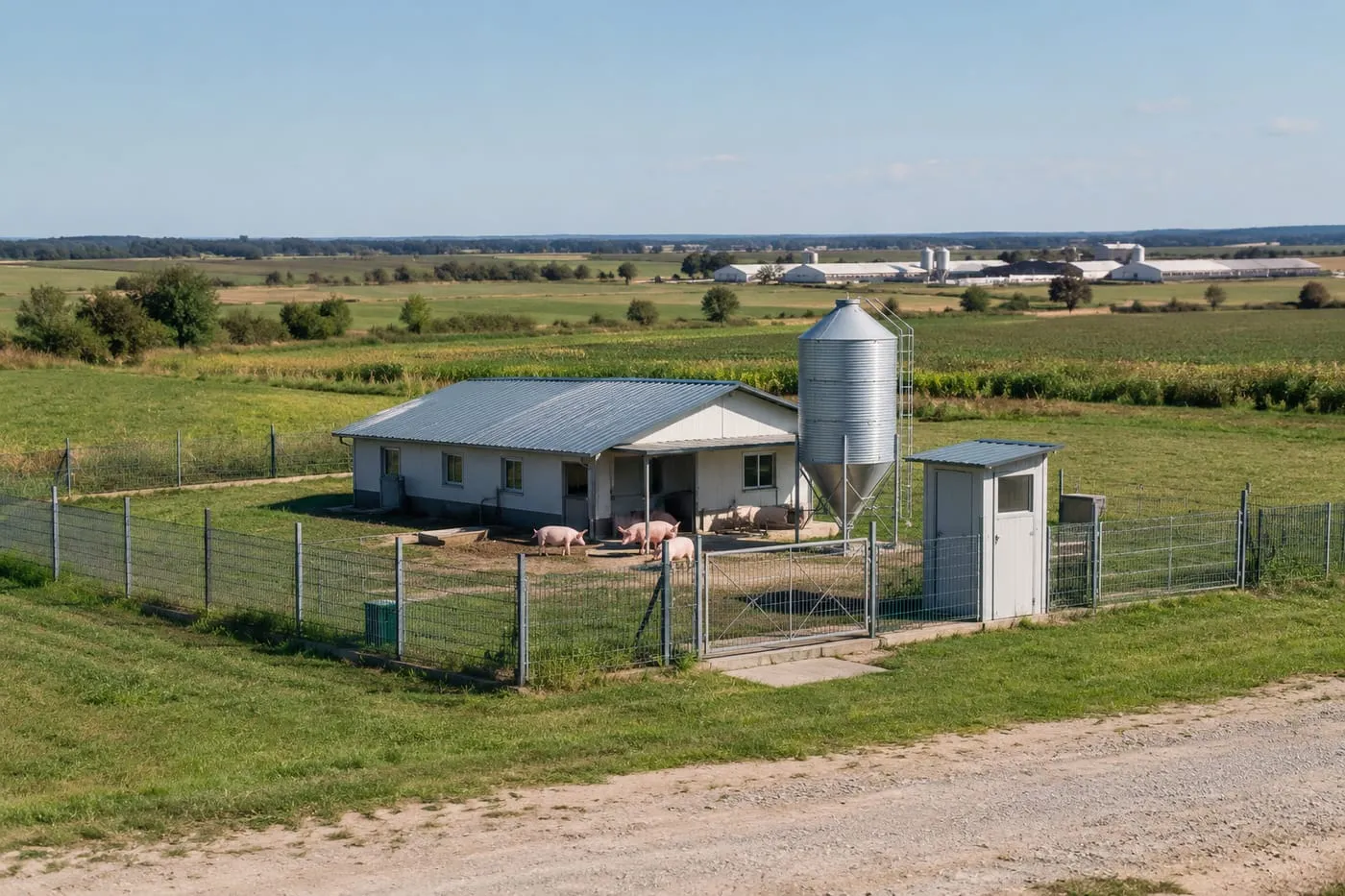 Separate fenced quarantine house with its own silo, away from the main farm