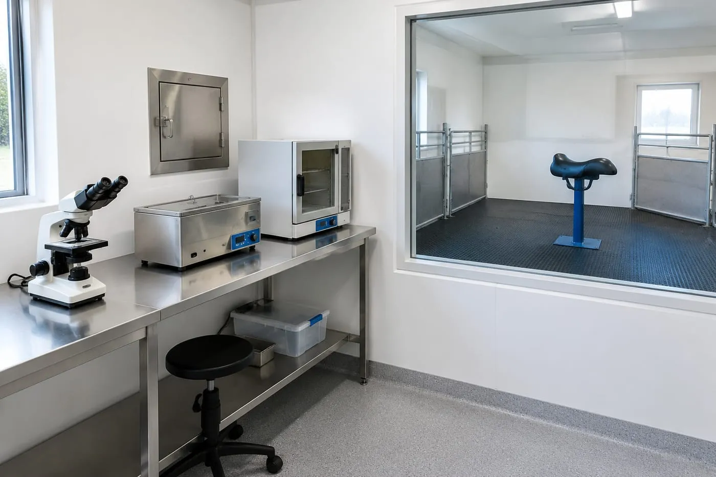 Semen processing lab with microscope and pass-through hatch next to a collection pen