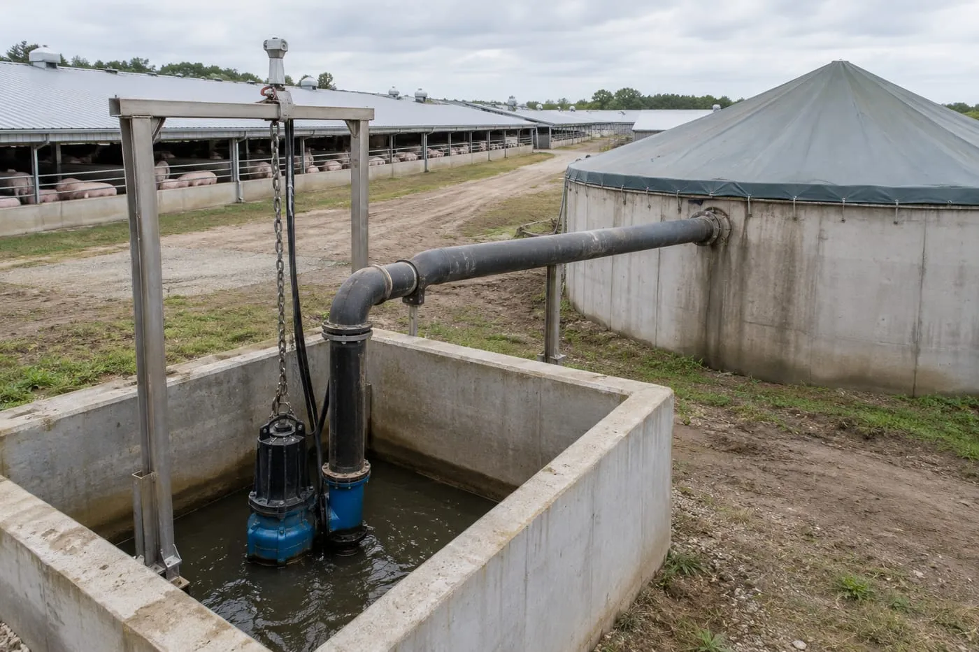 Slurry collection pit with submersible pump and covered storage tank