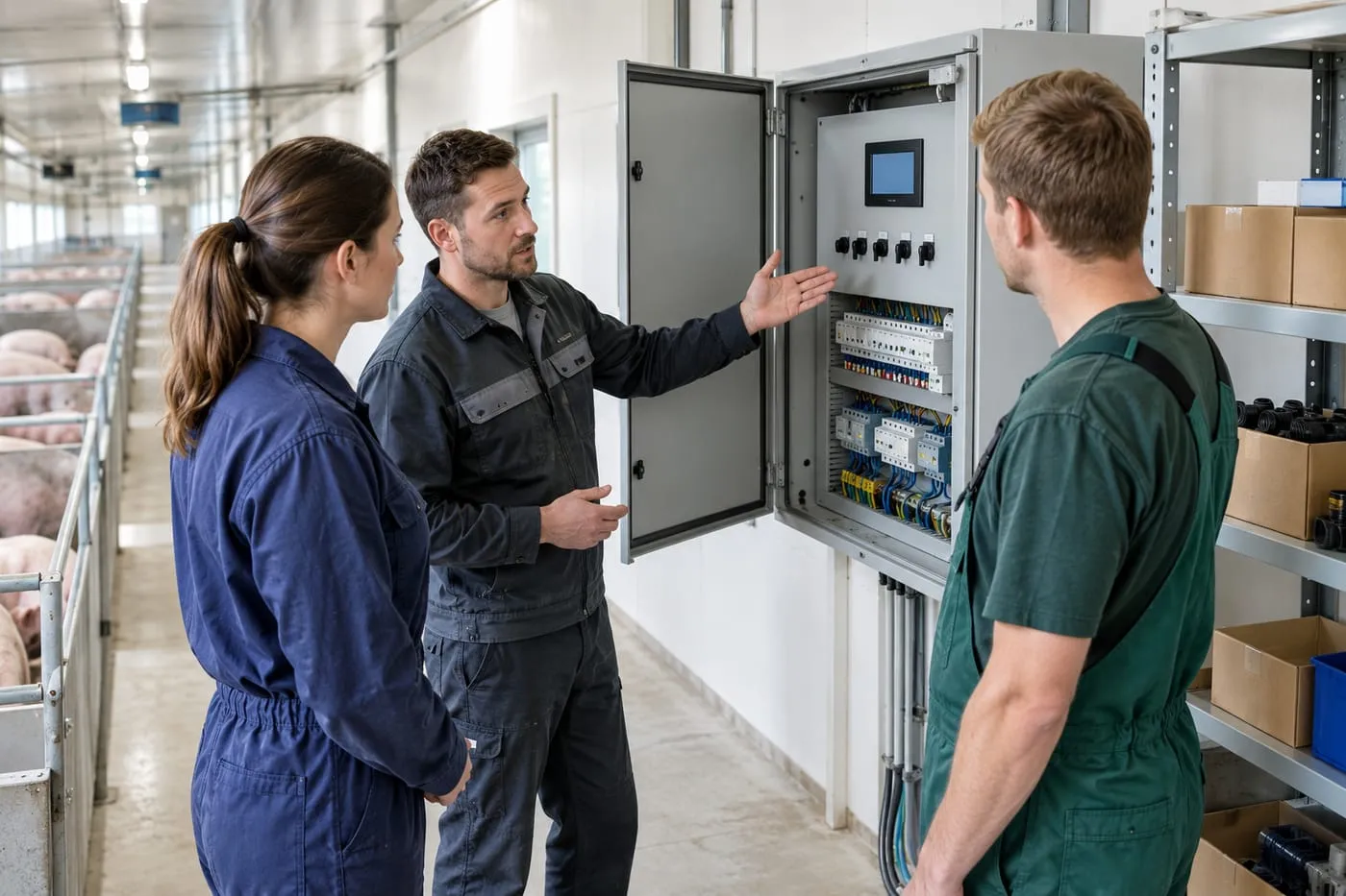 Technician explaining a climate control cabinet to farm staff
