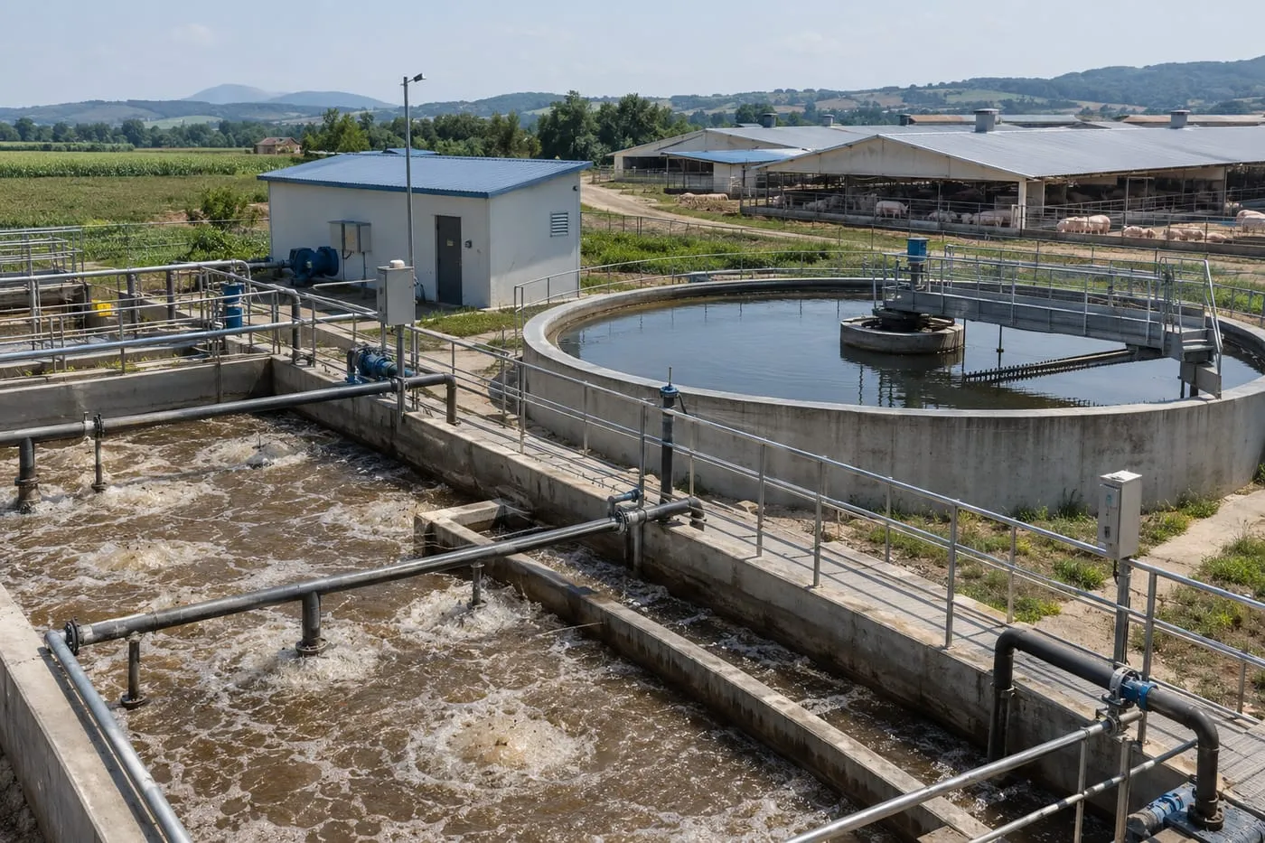 Pig farm wastewater treatment plant with aeration and settling tanks