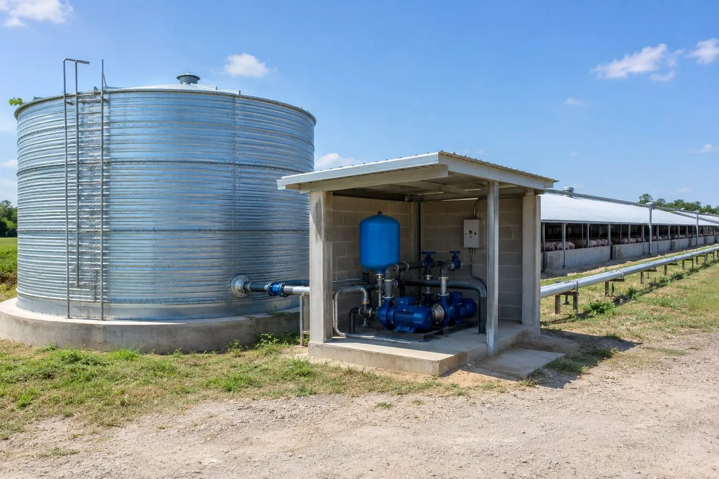 Water storage tank and booster pump house at a pig farm