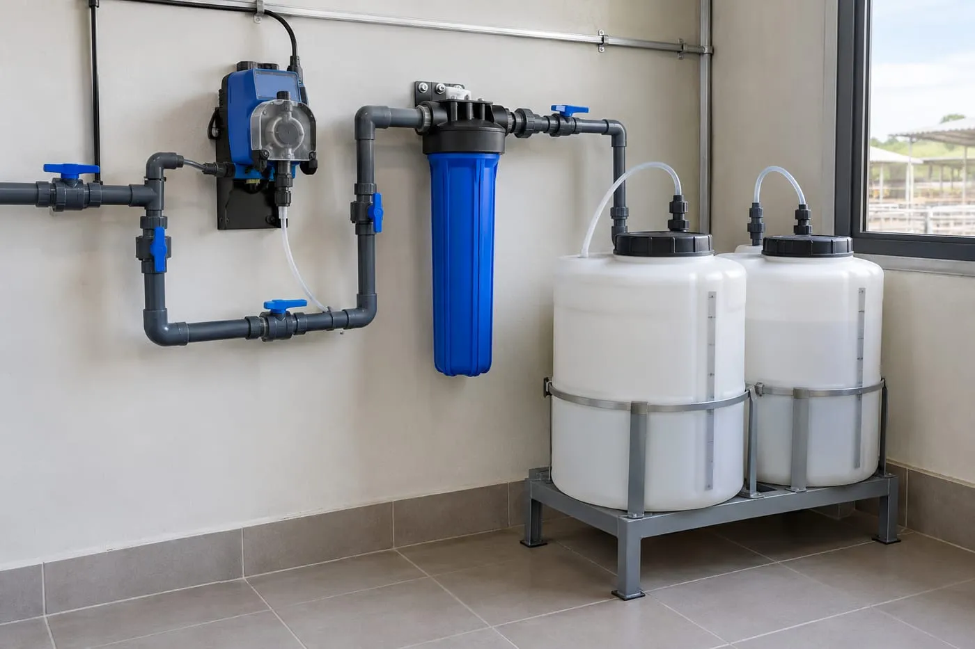 Proportional dosing pump on a water line with filter and treatment tanks